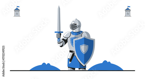 Brave Knight Holding Sword Ready for Battle, Guarding the Kingdom with Pride and Courage