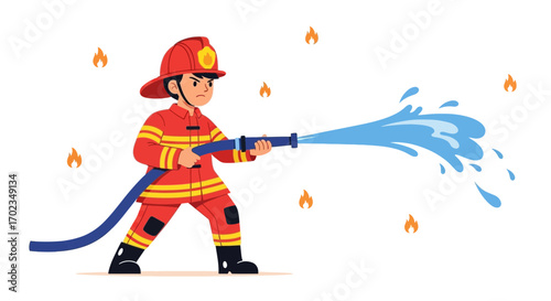 Brave Firefighter Striving To Extinguish Flames With Powerful Water Jet Animation