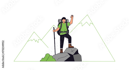 Adventurer Reaching Summit And Greeting With Hand Up, Hiking And Landscape Illustration