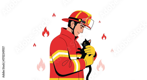 Brave Firefighter Holding Black Cat Symbolizing Rescue And Compassion in Emergency