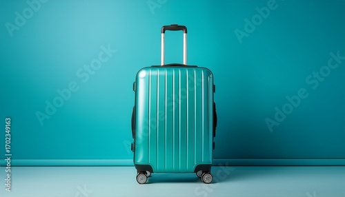 a teal rolling suitcase stands against a vivid blue background ready for an upcoming journey