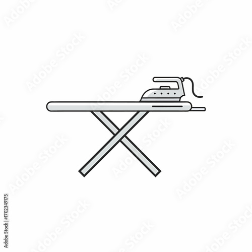 A simple line art illustration of an iron and an ironing board on a white background.