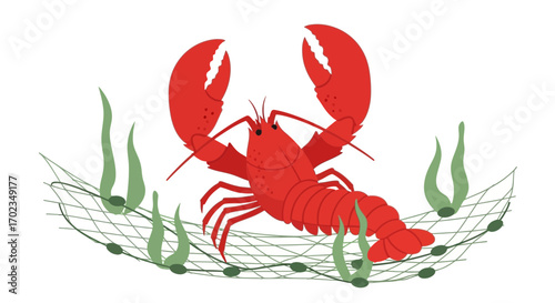 Bright Red Lobster Trapped, Aquatic Scene, Sea Life, Cartoonish Illustration With Net