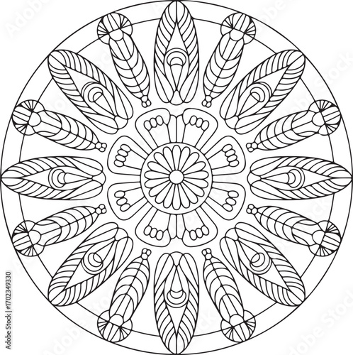 Intricate floral mandala design for coloring books, meditation, and artistic projects, vector origin