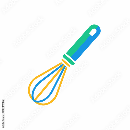 A colorful, stylized illustration of a kitchen whisk with a green handle and blue and yellow loops, isolated on a white background.