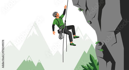 Adventurous Climber Scaling a Mountain, Demonstrating Courage and Overcoming Obstacles, Vector