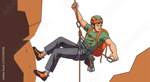 Adventurous Climber Descending Rocky Terrain Safely Using Rope And Protection Equipment