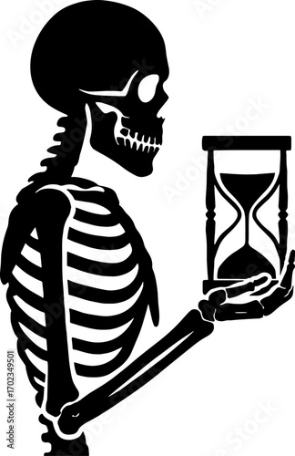 Human skeleton silhouette holding hourglass - death symbol vector with white background 