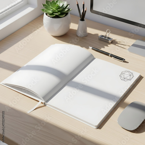 Modern Wooden Desk with Open Notebook, Pen, and Office Supplies in Sunlight