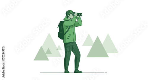 Adventurous Explorer Gazing Through Binoculars, Seeking Discoveries on the Horizon