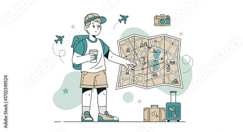 Adventurous Explorer Planning His Journey With Map And Luggage Ready For Takeoff
