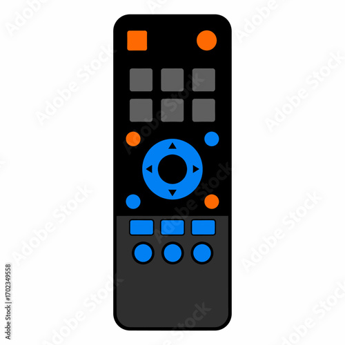 A black remote control with colorful buttons for electronic devices.