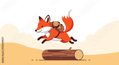 Adventurous Fox Jumping Over Log With Backpack, Illustration of Animal's Journey