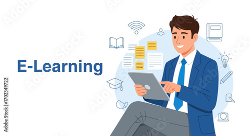 Businessman Utilizing Modern Technology for Digital Learning Experience and Online Education