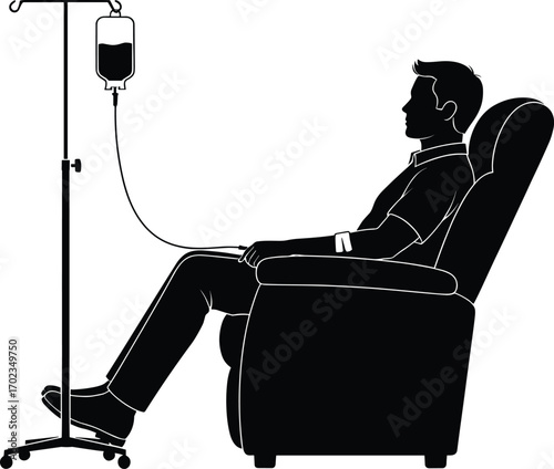 Silhouette of Man Receiving IV Therapy While Sitting in Chair for Hospital Treatment, Blood Donation, Chemotherapy, or Medical Infusion