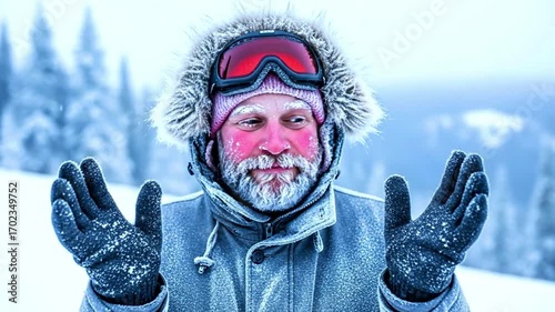 A man shivering in extreme cold weather wearing winter gear