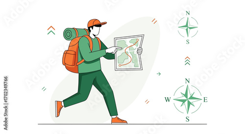 Adventurous Hiker Inspecting Map During A Journey While Navigating Outdoors Towards The Destination