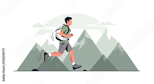 Adventurous Hiker Running Through Mountains With Backpack During Summertime