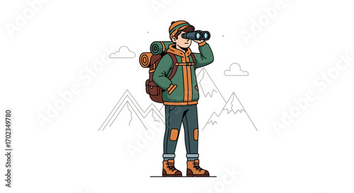 Adventurous Hiker Observing The Horizon Using Binoculars With Mountains at Background