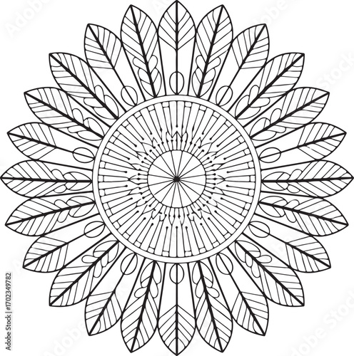 Intricate feathered mandala illustration for coloring books, meditation, and spiritual designs