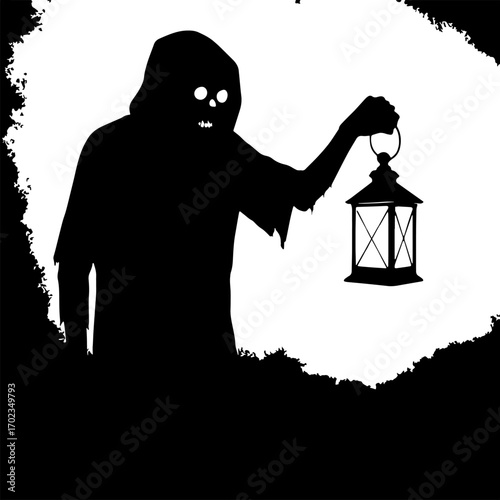 Silhouette of hooded zombie holding lantern in foggy night vector with white background 