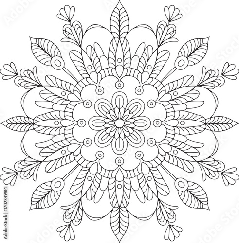 Intricate floral mandala design, a calming coloring page or elegant graphic element for creative projects