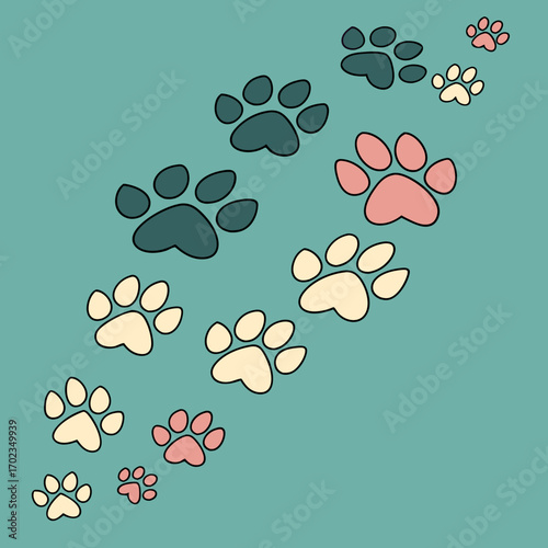 Pattern of colorful paw prints on a blue background suitable for petthemed designs, animal products, backgrounds, childrens products, and animal shelters.