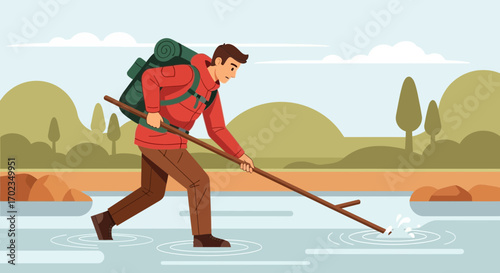Adventurous Man Crossing Water With Backpack Exploring Nature in Vector Style Illustration