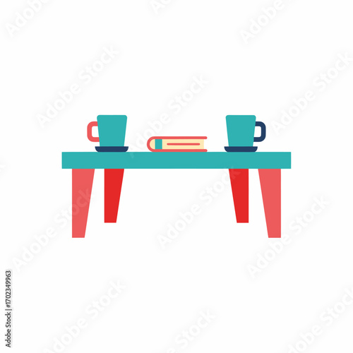 Flat design illustration of a turquoise table with red legs, holding two blue cups and a small book, set against a white background.