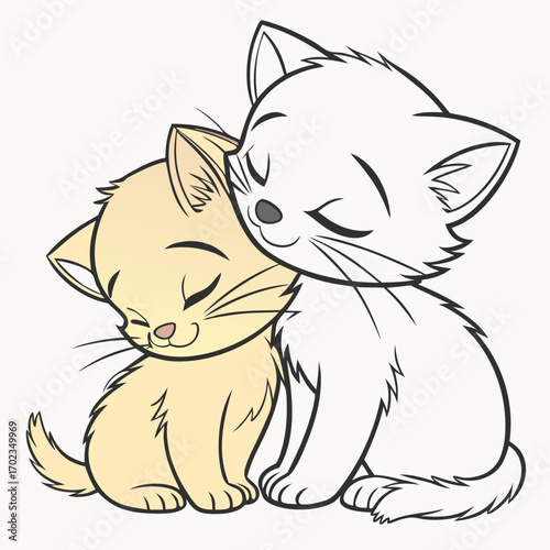 Two cute cartoon kittens cuddle in harmony, eyes closed. Suitable for cards, posters, social media posts, and childrens products.