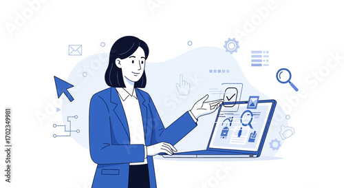 Businesswoman Highlighting Data, Workflow, And Selection Using Digital Software Interface