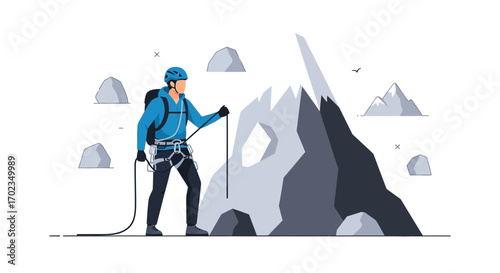 Adventurous Person Ascending Mountain, Exploring Height, Reaching Summit Vector Illustration