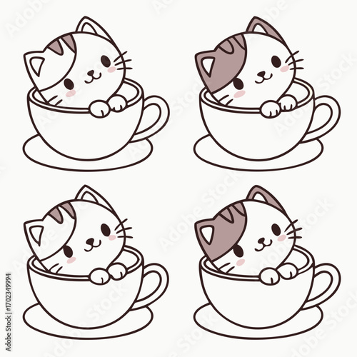 Four cute kittens lounging in teacups suitable for animalthemed designs, pet product advertisements, or cat lover content creation.