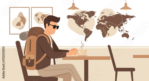 Adventurous Traveler Pausing For A Refreshing Drink While Planning His Next Journey
