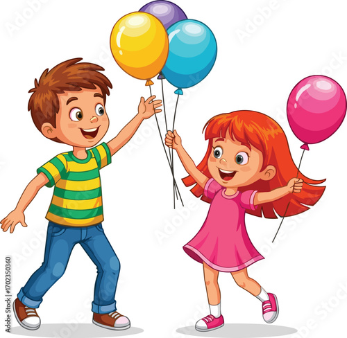 Happy kids playing with colorful balloons, smiling boy and girl having fun, joyful children celebrating, outdoor party, cheerful childhood moments