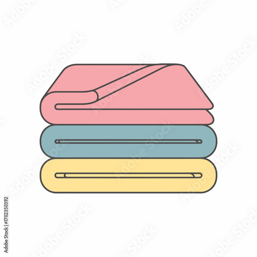 A stack of three neatly folded, soft towels in pink, blue, and yellow colors, ready for use.