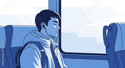 Calm Commute: Tranquil Passenger Listening To Music On Train Journey