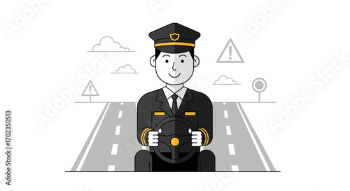 Captain Driving on Road with Alert Signs and Directional Markers Vector Illustration