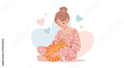 Affectionate Young Woman Cuddling Domestic Cat on a White Background in Pajamas