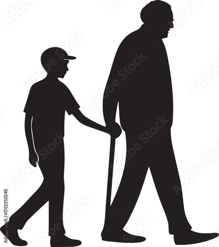 Silhouette of grandfather and grandson walking together on white background Keywords