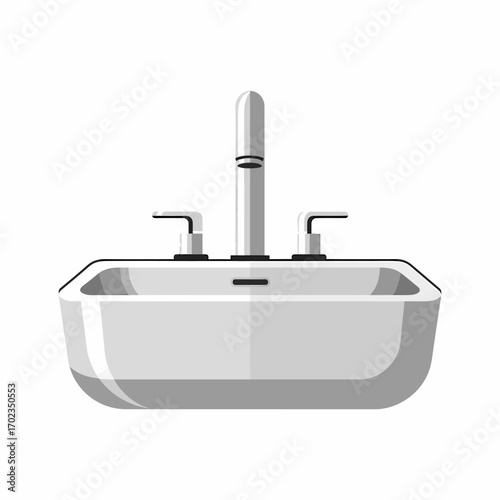 A white modern bathroom sink with a sleek faucet and two soap dispensers, isolated on a white background.