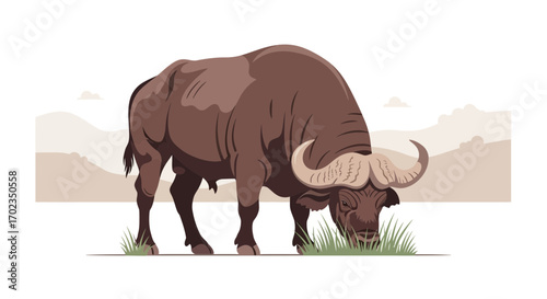African Buffalo Grazing Peacefully With Horns In Front Of Natural Background