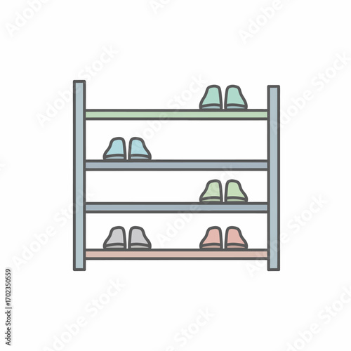 A simple line art illustration of a four-tier shoe rack with multiple pairs of slippers on each shelf, against a white background.
