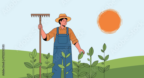Agricultural Worker Inspecting Crops In Sunny Field Depicting Farming And Cultivation