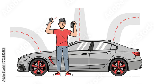Car Owner Shows Off Keys By a Contemporary Vehicle Beside Road Illustration