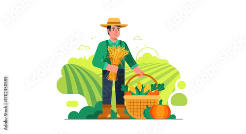Agricultural Abundance: A Farmer Standing Proudly With A Harvest Of Fresh Produce