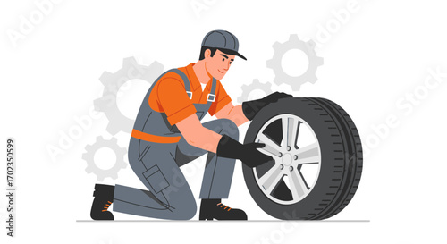 Car Technician Working with Wheel Undergoing Maintenance Service In Automotive Industry