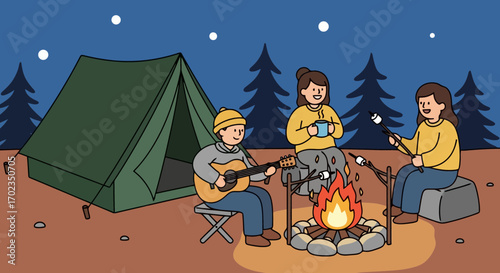 Camping Trip Illustration with Bonfire, Guitar, and Marshmallows, Perfect for Children's Books, Educational Materials, and Outdoor Activity Guides