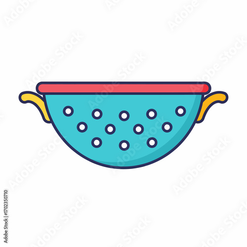 Cartoon illustration of a blue colander with a red rim and yellow handles, featuring white holes, used for draining food in the kitchen.