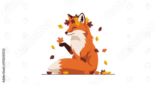 An Adorable Fox Sits Amidst Autumn Leaves in a Whimsical Illustration